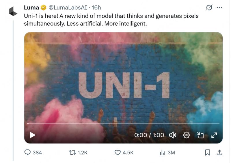  硅谷初创力量崛起；Luma AI推出Uni-1模型；图像生成迎来统一智能时代。 IT技术 硅谷初创力量崛起；Luma AI推出Uni-1模型；图像生成迎来统一智能时代。 IT技术 硅谷初创力量崛起；Luma AI推出Uni-1模型；图像生成迎来统一智能时代。 IT技术